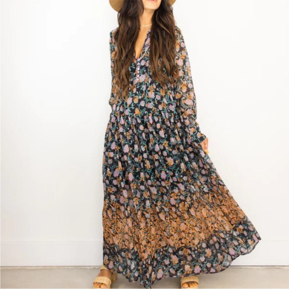 Free People Black Floral Maxi Dress with Peach and Lavender Accents
